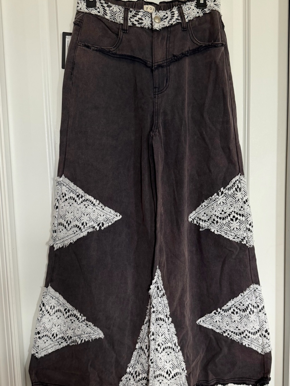 POL Wide Leg Jeans with White Lace Inset